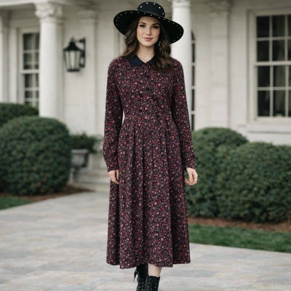 VTG Laura Ashley Dress Corduroy Ditsy Floral Midi Collared Farmcore Whimsygoth